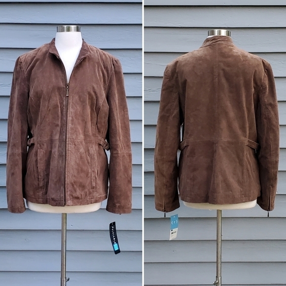 Vintage 90s y2k Chocolate Brown Suede Leather Insulated Mid Length Car Coat XL - Picture 1 of 6